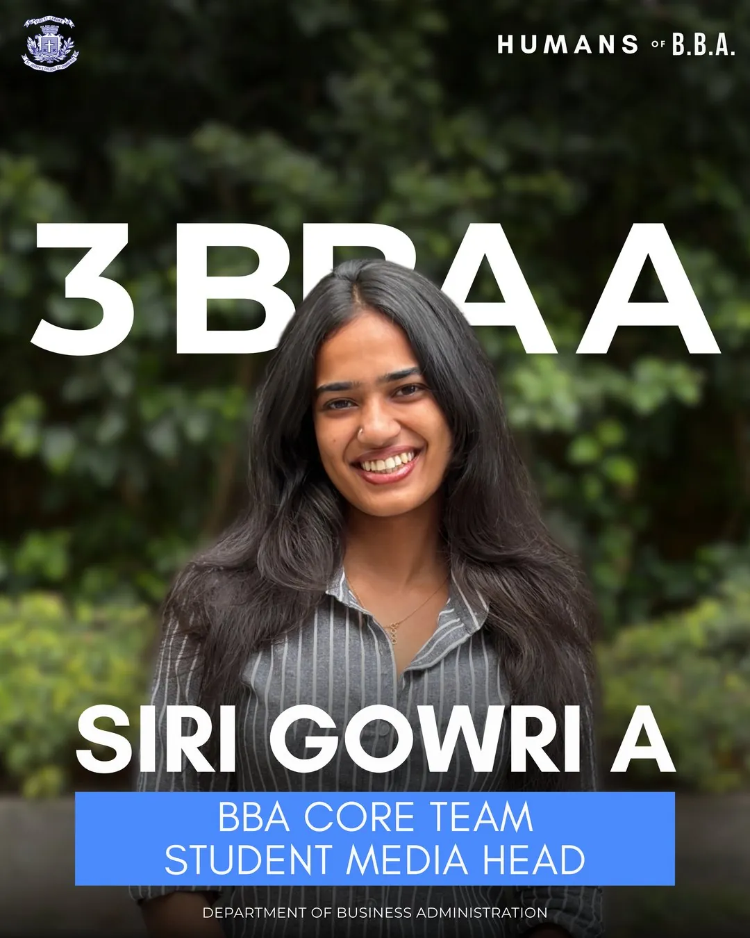 Siri Gowri A, 3 BBA A — BBA Core Team Student Media Head